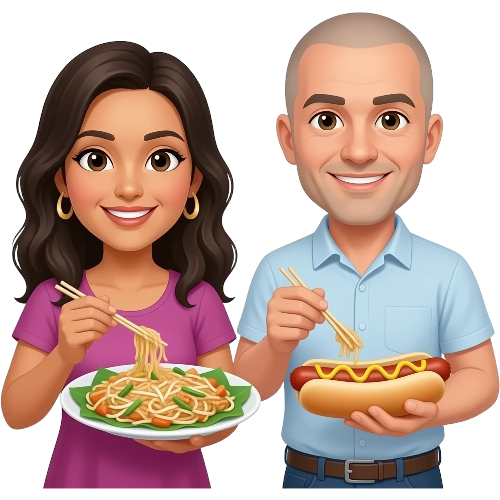 Mexican woman and white man with shaved head sharing pad thai and hot dogs emoji