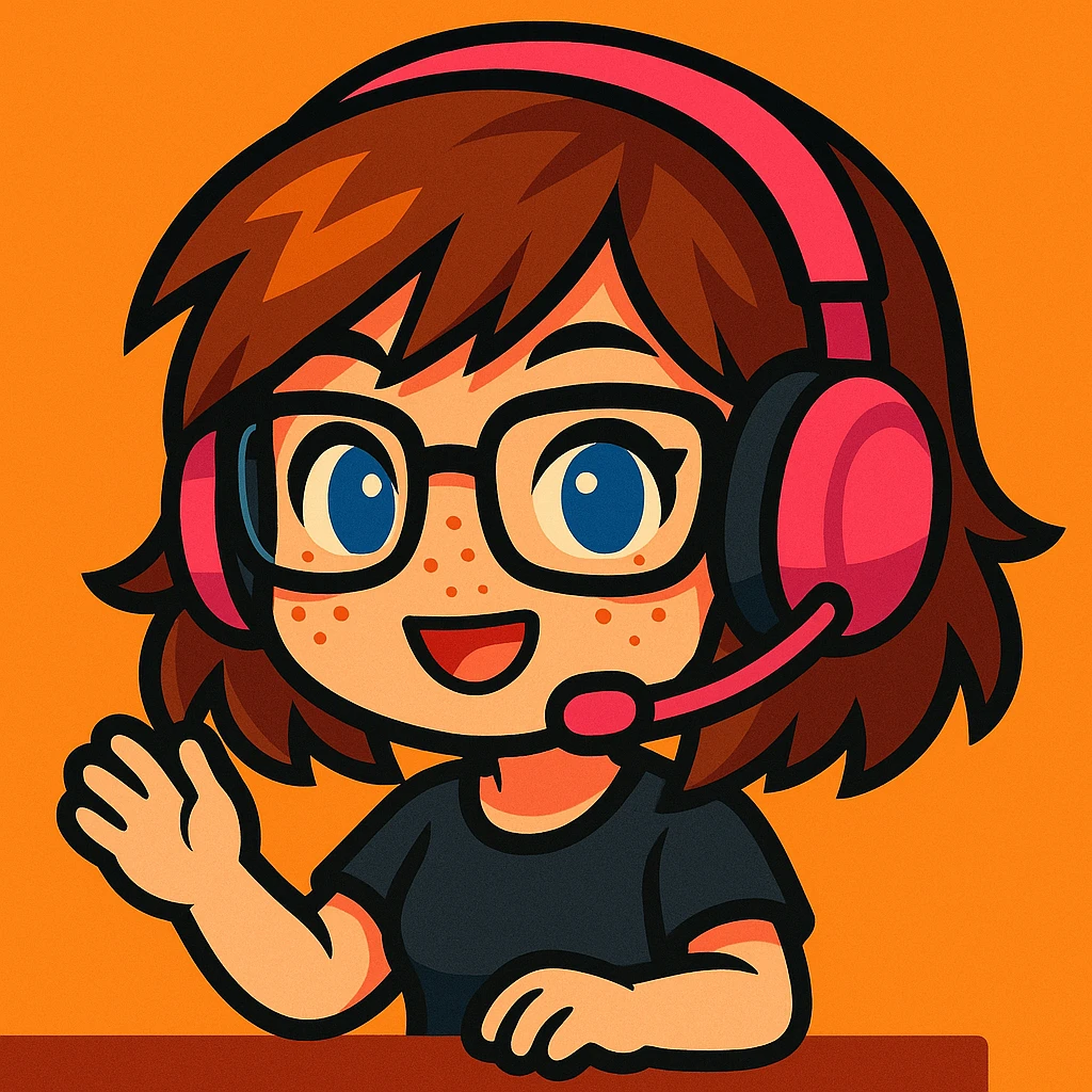 chibi woman with shoulder length choppy brown hair, pink gaming headset, freckles, glasses, and blue eyes emoji