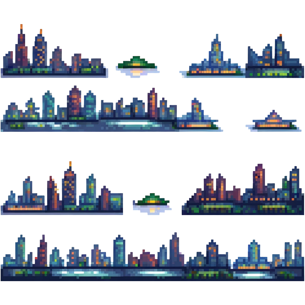 pixel art style banner with a city skyline at night emoji