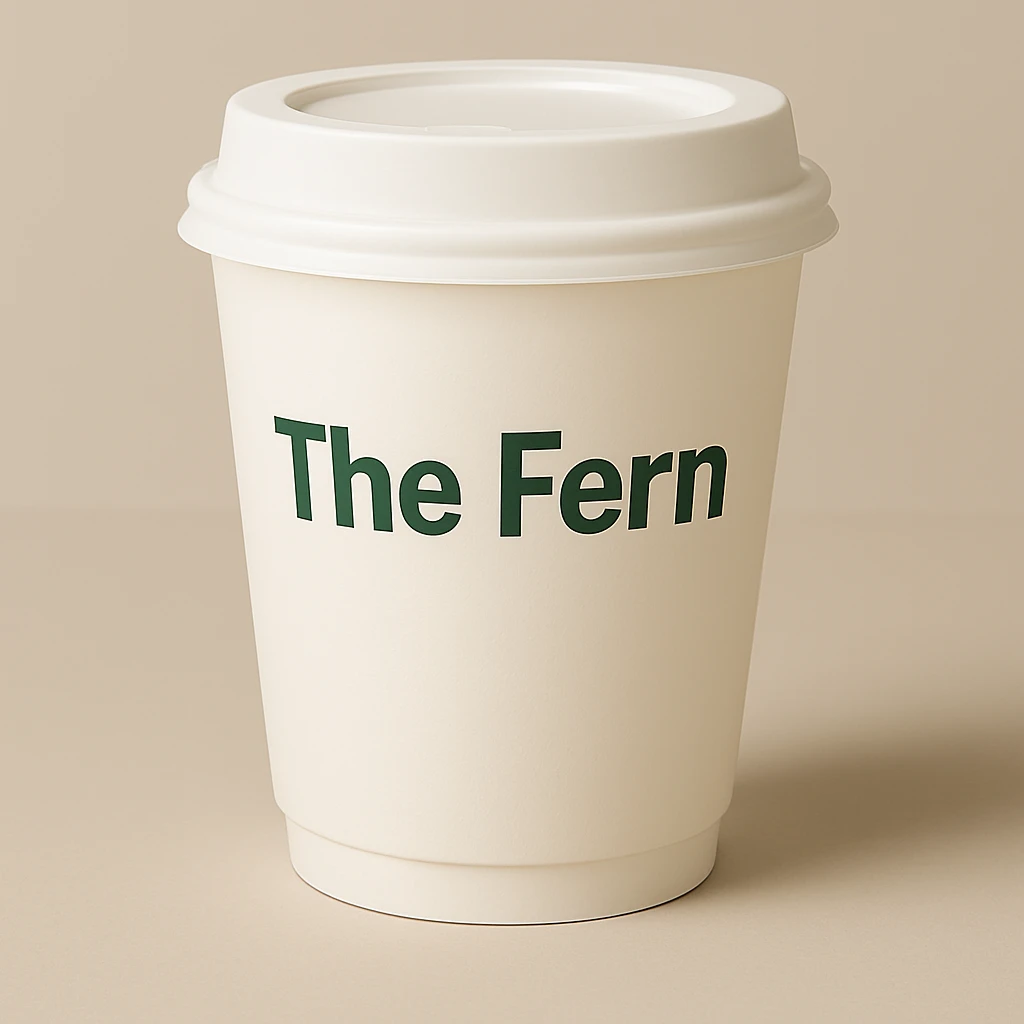 Change the letters that say 'The Fern' to green, keep the friendly, modern font and minimal, clean style on the to-go cup. Maintain the overall minimal and clean aesthetic with a friendly modern font style for the text. emoji