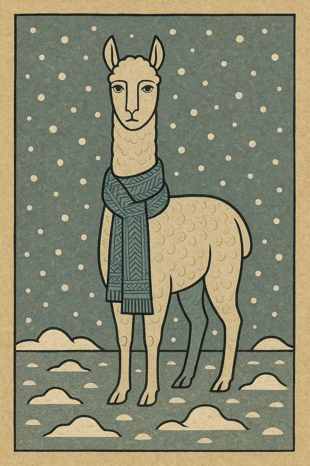 Alpaca toy wearing a knitted scarf in snow. emoji