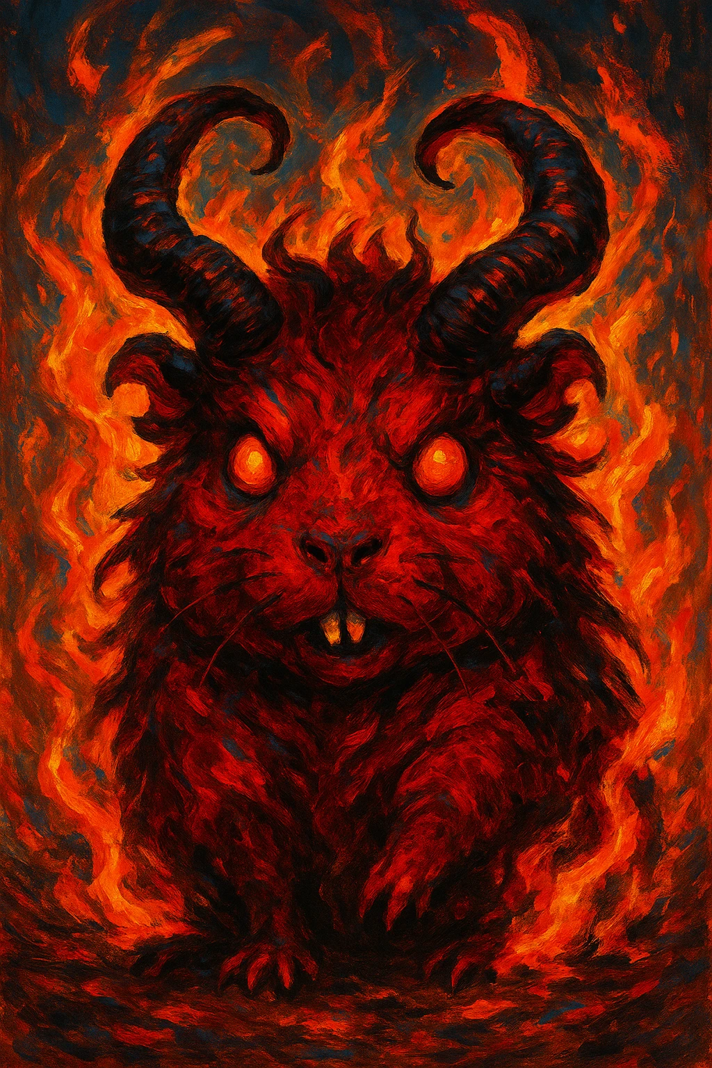 red guinea pig demon with curled horns and burning effects, vibrant expressive style emoji