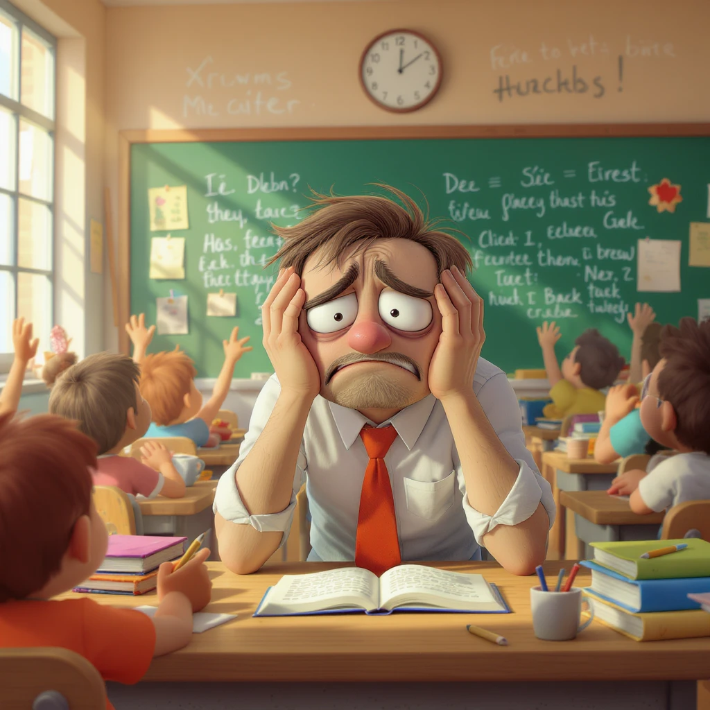 digital 2d cartoon art of a exhausted teacher in a bustling classroom emoji