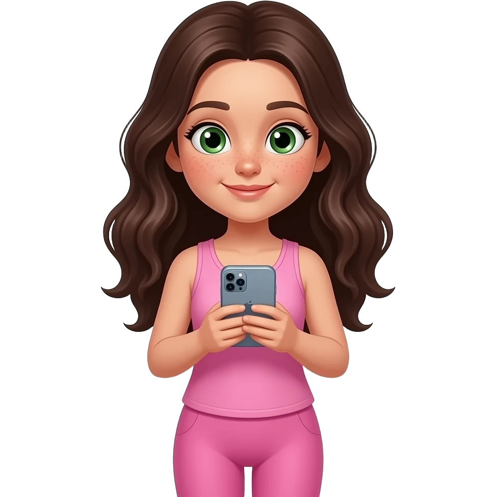 young girl in the style of iphone emoji people, fair skin, green eyes, freckles,long dark brown wavy hair, pink tank top and pink leggings, looking at the phone emoji