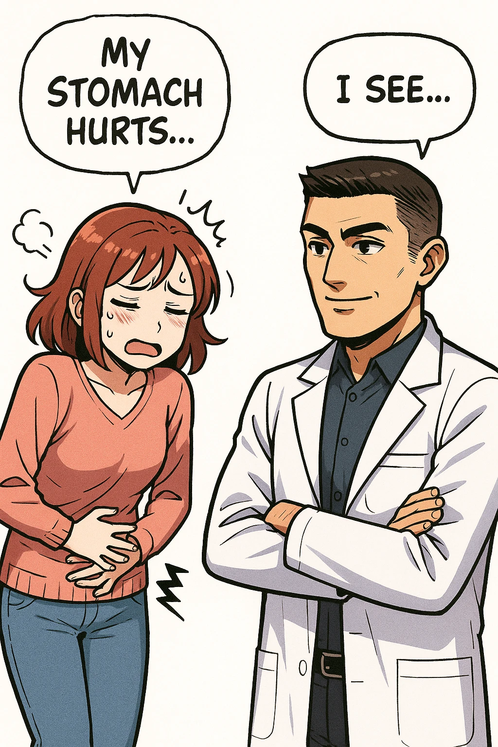 su questo stile fai un manga/webtoon a colori in cui una donna si lamenta che sta male e ha mal di pancia, l'uomo della foto in stile manga gli risponde, ISOLATO SU SFONDO BIANCO emoji