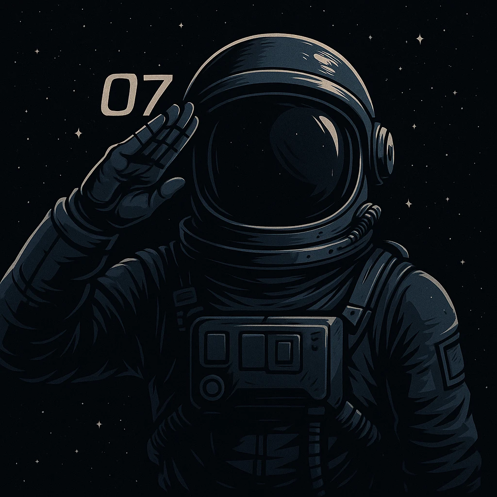 Astronauta haciendo el gesto de saludo o7, estilo espacial, fondo de estrellas, para un canal rebelde, colores oscuros, detalles espaciales emoji