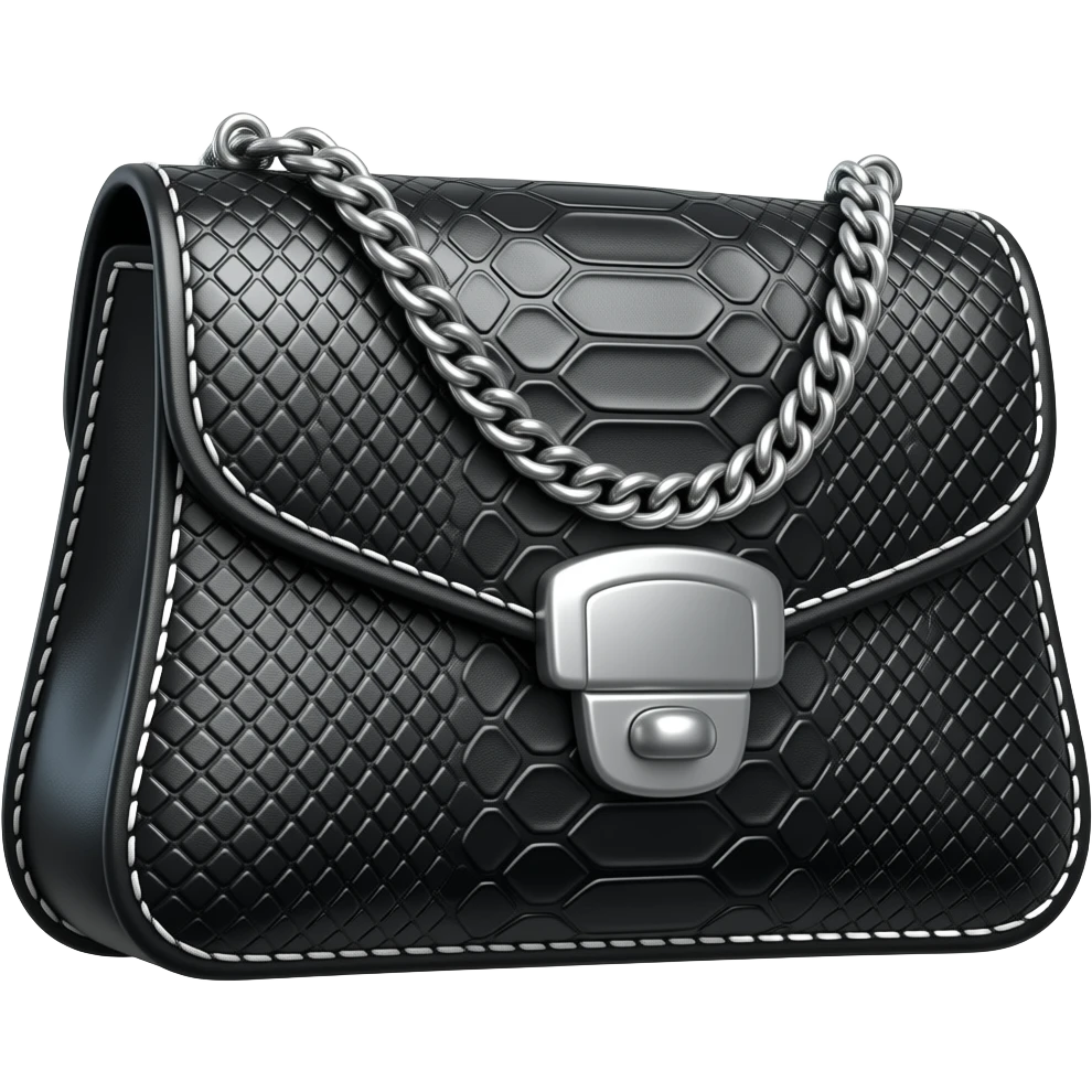 Realistic, mirco-detailed, black leather, Snake-embossed clutch bag, shiny silver chrome embellishments and silver stitching, isolated 3d rendering, 8k hd, no emoji icons no emoji faces  emoji
