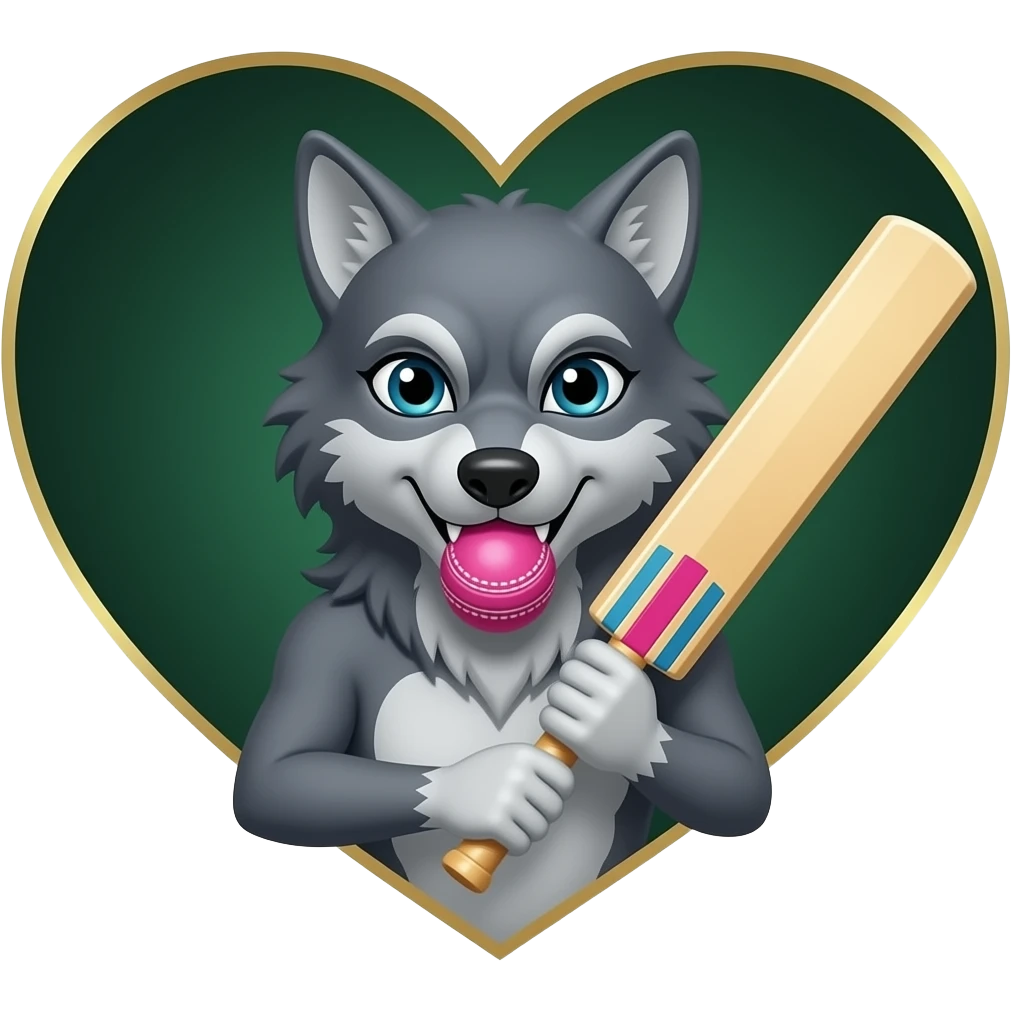 Dark Green and gold heart background with a grey female adult werewolf holding a pink cricket ball and cricket bat emoji