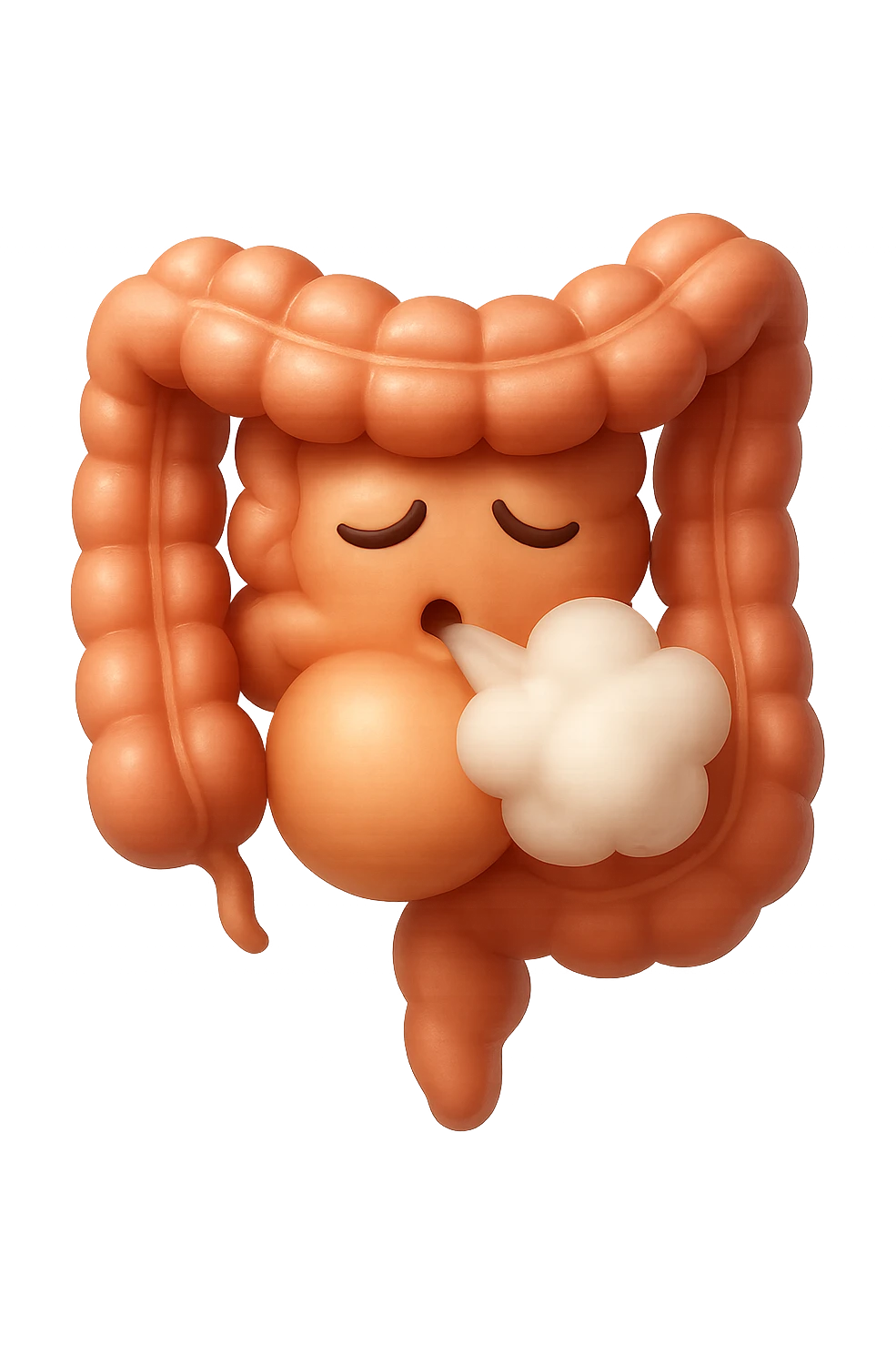 emoji stile iphone di un intestino che ingoia una nuvoletta di aria ben visibile e gli si gonfia la pancia, non fargli il naso, iperrealistico 4k emoji
