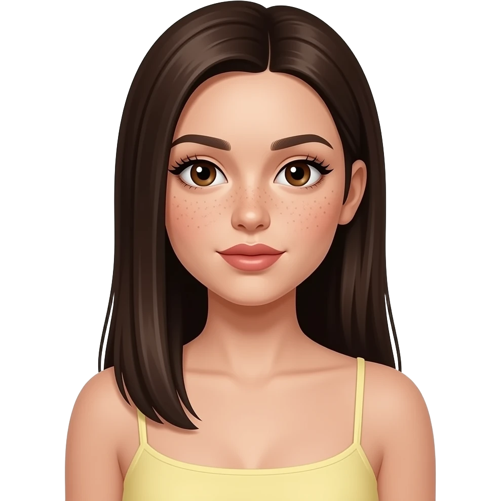 white girl thin, very beautiful woman, has a lot lot lot of visible freckles, with big plump lips, long long lashes, dark brown straight hair , brown eyes, light yellow tube top, no boobs emoji