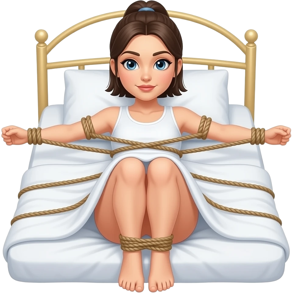 woman with ponytail on bed with arms and legs tied with rope shibari emoji