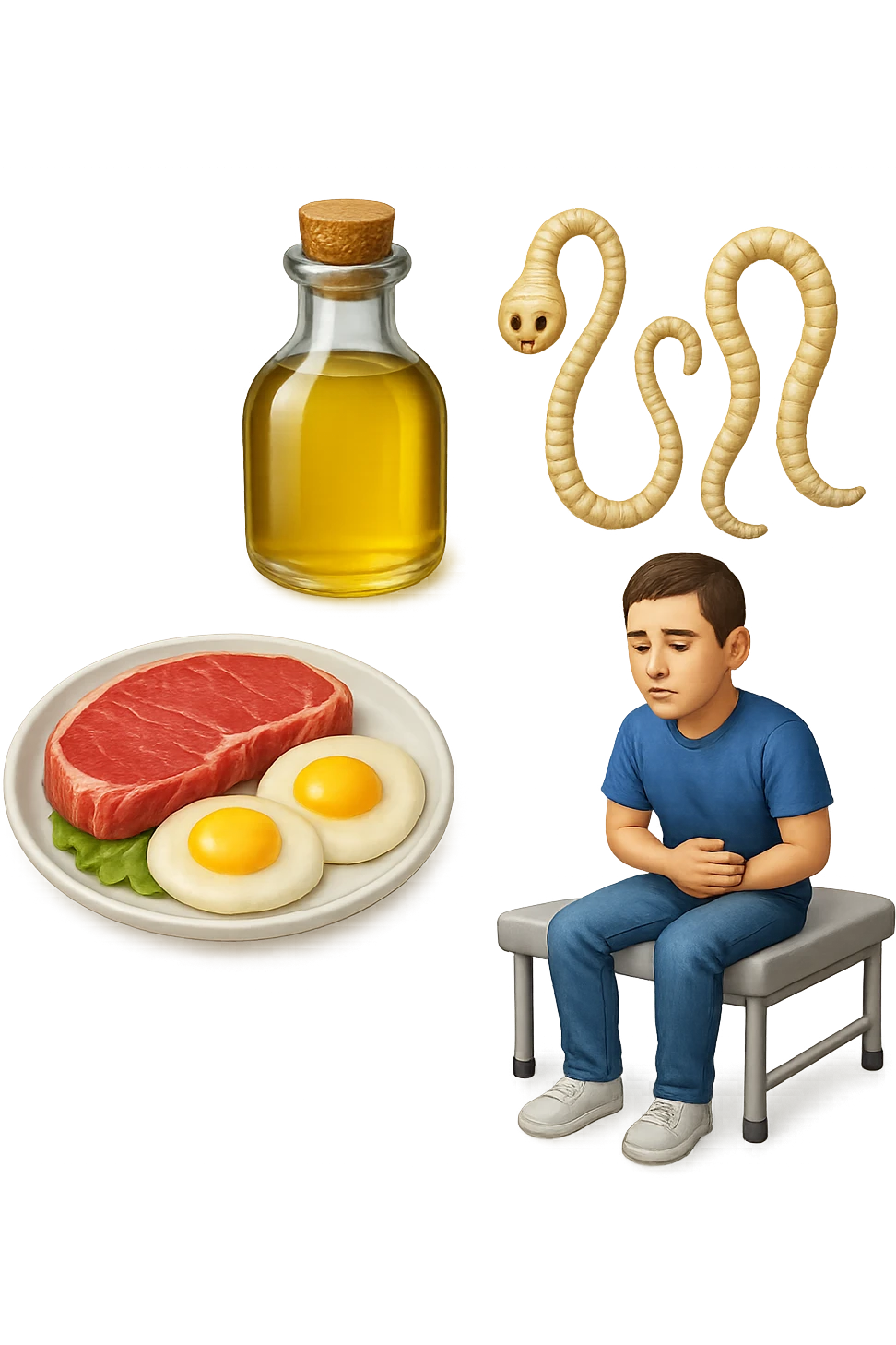 emoji stile iphone di UN PIATTO CON CARNE ROSSA E UOVA, UNA BOTTIGLIA DI OLIO DI SEMI, DUE PARASSITI TIPO LA TENIA, UOMO SEDUTO SU UN LETTINO DA FISIOTERAPISTA, IPERREALISTICO 4K emoji