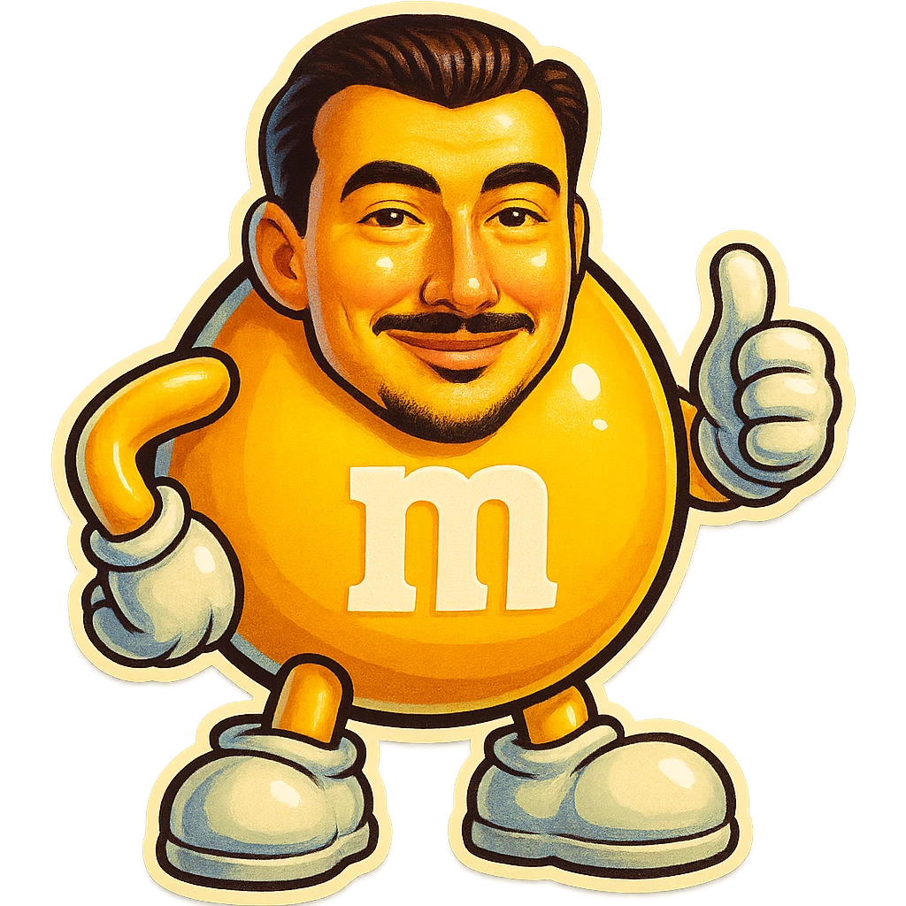 Create a yellow M&M candy character with the face from the reference photo, keeping the style playful and cartoonish. emoji