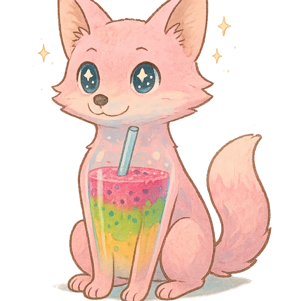 pastel pink fox with see-through body containing colorful smoothie, sparkling eyes, full-body emoji