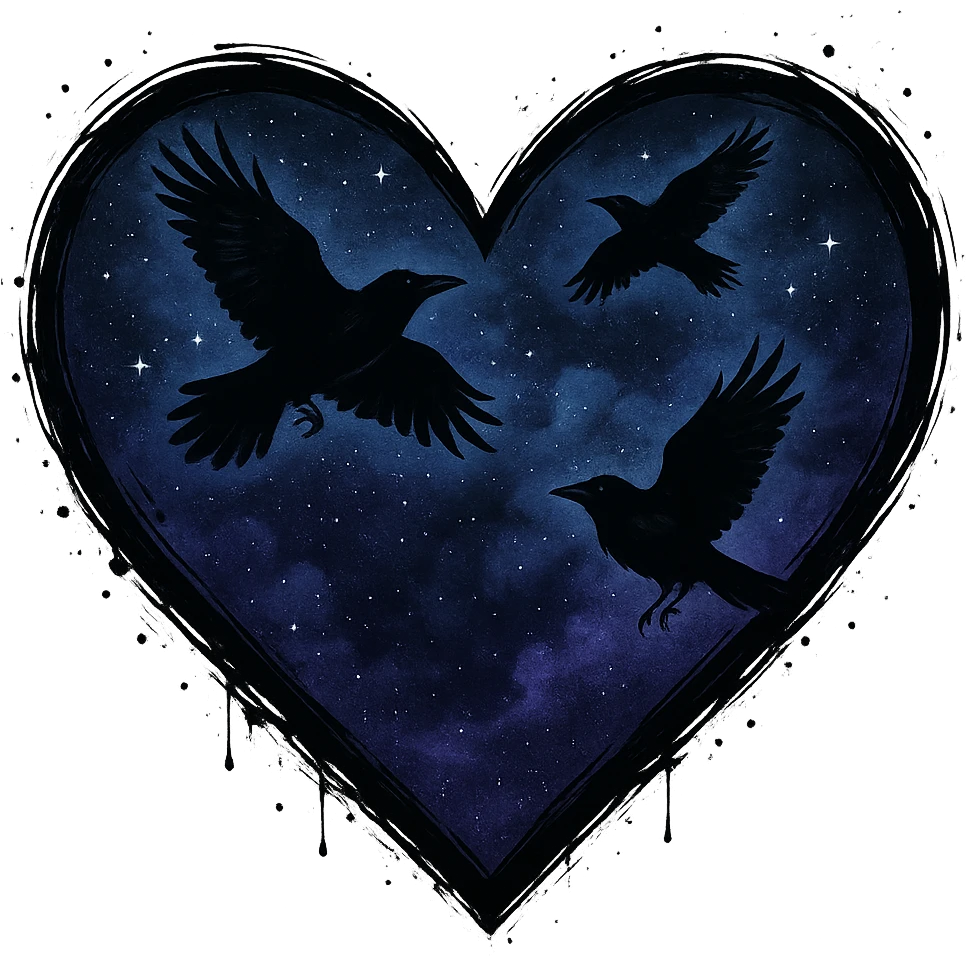 emo heart with night sky and dark ravens, remove background emoji