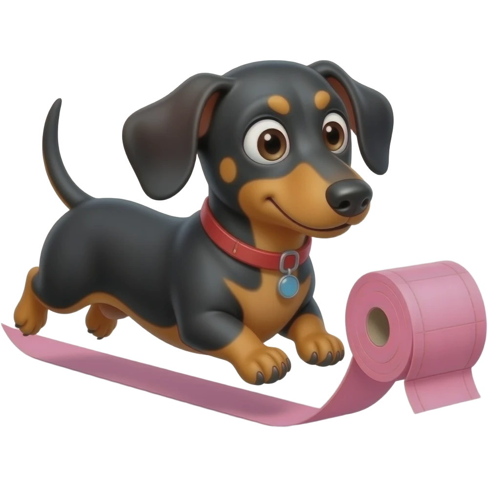 whimsical dachshund wide eyes full body chasing toilet paper emoji