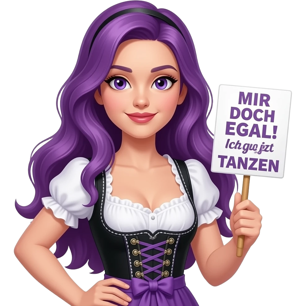 sexy girl with long purple hair and purple eyes wearing a dirndl holding a MIR DOCH EGAL! Ich gehe jetzt TANZEN sign emoji