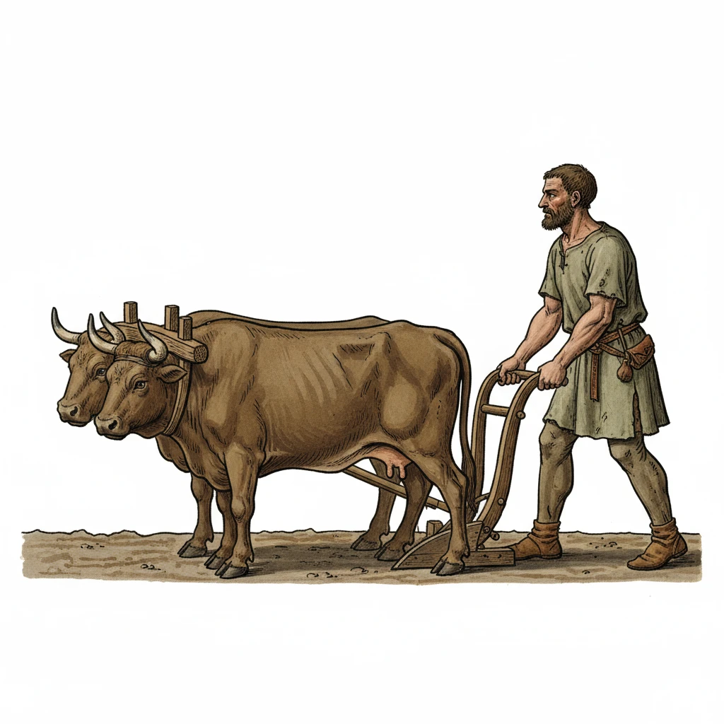 нарисуй строго в профиль средневекового мужчину с плугом и волами без фона emoji