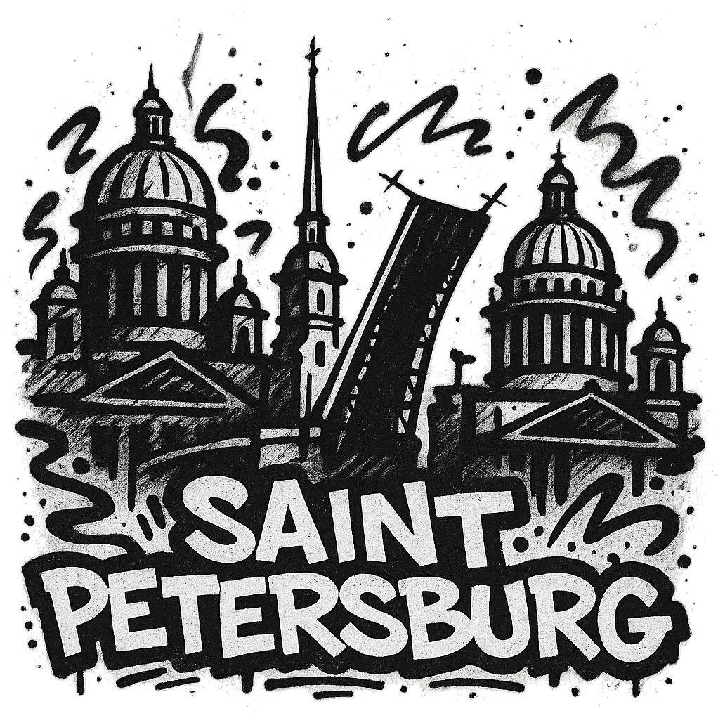Сделай png рисунок Санкт-Петербурга в стиле граффити. Граффити черно-белое. emoji