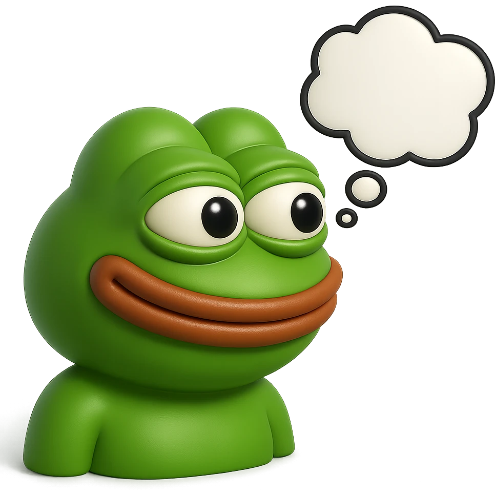 make a pepe in bright green smiling with thought bubble looking at right side in 3d style, good highlights and shadows, drop shadows emoji