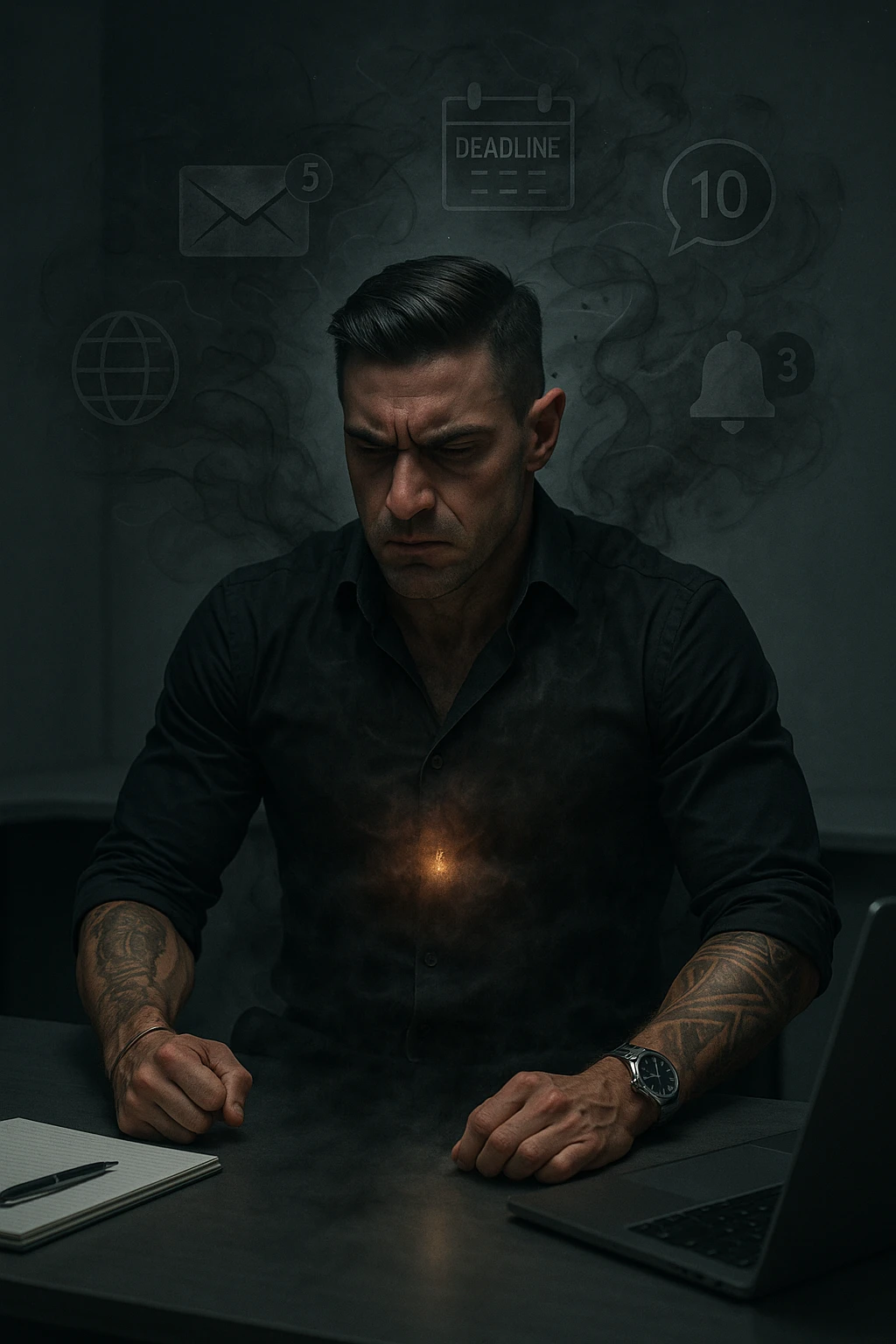 A highly realistic, cinematic image of a young man in his early 30s, sitting at a modern office desk under harsh artificial lighting, shoulders hunched, jaw clenched, and breathing shallowly, symbolizing how modern society forces people to live in a state of chronic tension and restricted breathing. Around him, faint black and grey visual elements represent notifications, deadlines, social media icons, and news alerts, swirling around his head like a chaotic storm, symbolizing societal pressure. His chest appears visually tight and compressed, and faint dark smoke emanates from his body, representing blocked breath and internalized stress. In contrast, a faint glowing light near his chest and abdomen tries to expand, symbolizing the innate desire of the body to breathe freely and deeply. The environment is cold and minimalistic, with a sense of stillness and tension, captured in a hyperrealistic 35mm film style with muted colors, focusing on the man's tense posture and restricted breathing to reflect the unseen burden of modern living. emoji