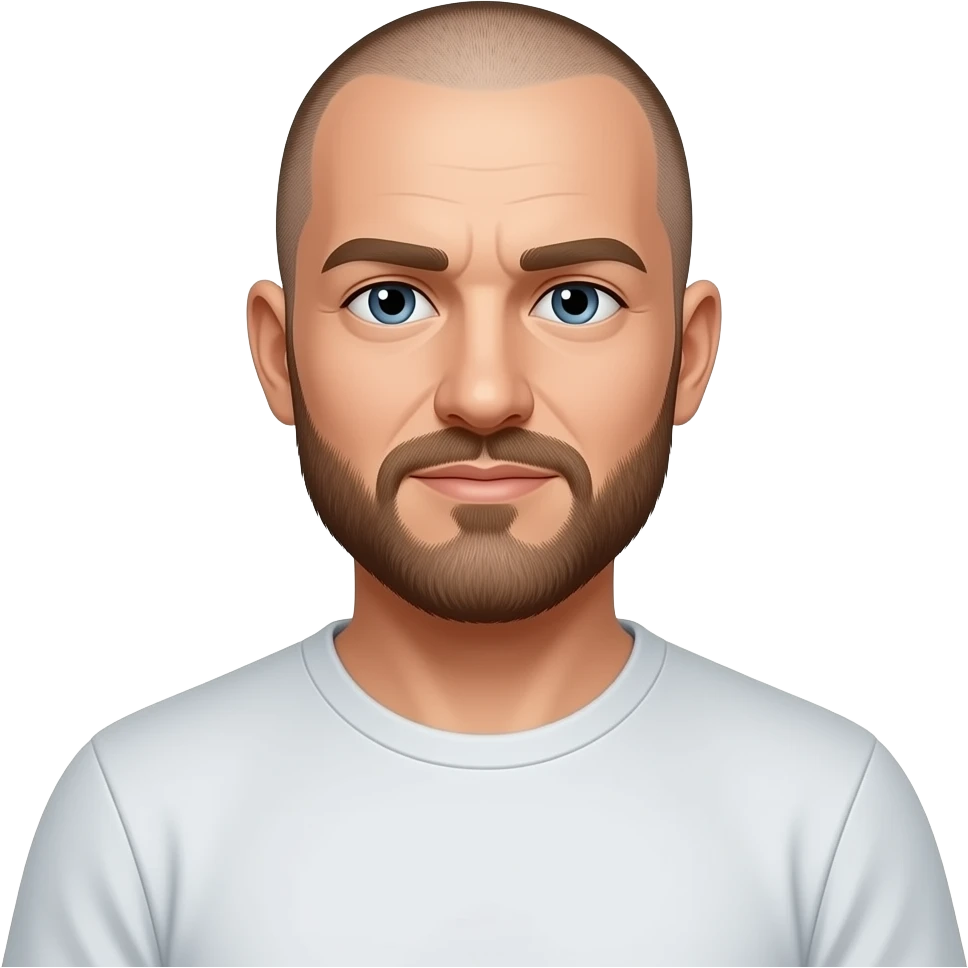 bald white man with very light stubble on head. beard is brown with some great. wearing a solid t shirt. emoji