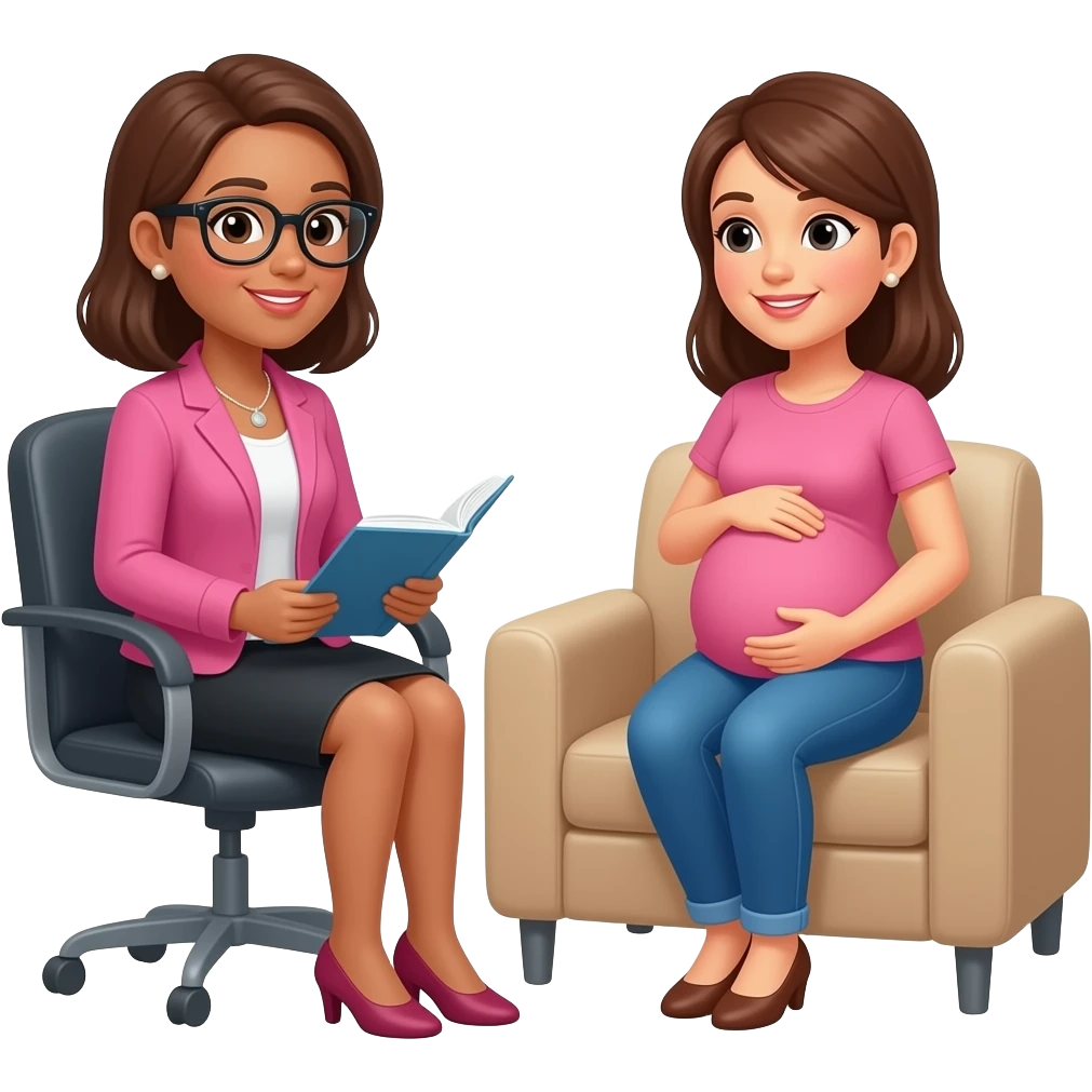 psicologa mujer sentada en una silla atendiendo a mujer embarazada en un divan emoji