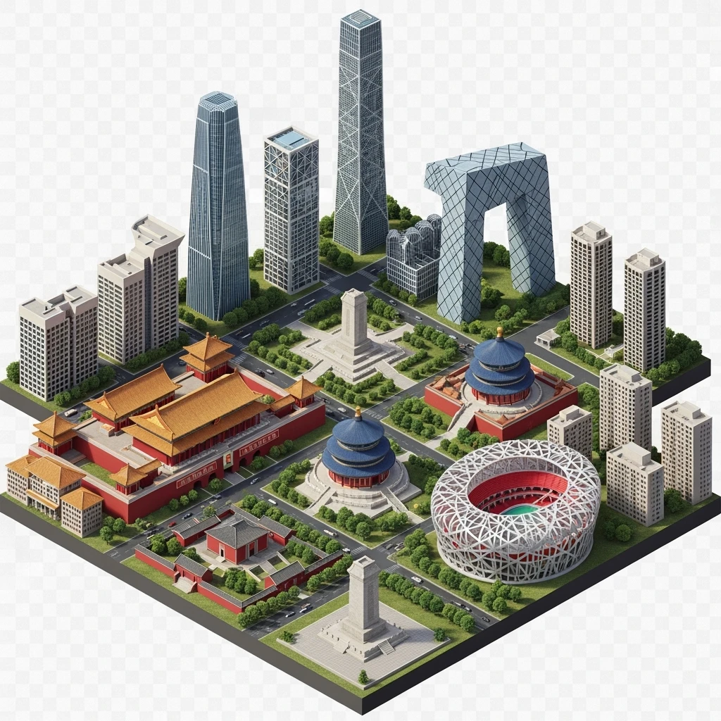 Isometric miniature of Beijing Forbidden City, Tiananmen Square, CCTV Headquarters, Temple of Heaven, China Zun skyscraper, Bird’s Nest Stadium, Beijing apartment blocks, 3D miniature effect and Tilt Shift effect, no cartoonish look, transparent background, don't cut angles emoji