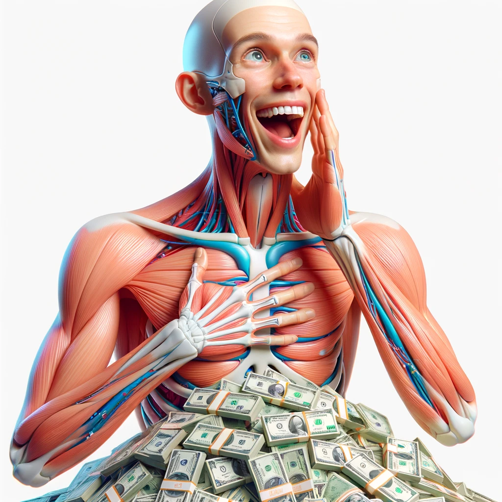 corpo umano anatomico sereno e felice con una montagna di banconote davanti, espressione stupita, iperrealistica 4k, isolato su sfondo bianco emoji