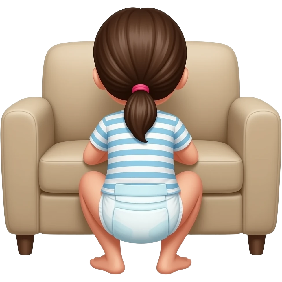 Back view of a 10yo girl wearing a nappy and a t shirt hiding behind a sofa to squat emoji