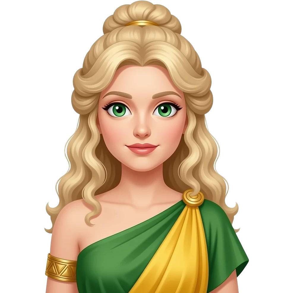 Ceres from Roman Mythology with green eyes, long blonde curly updo hair, green and yellow draped toga gown, gold armband emoji