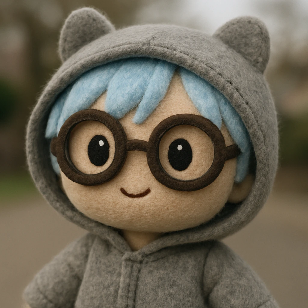 Transform the character from the first image into a simple, rounded face with dot eyes and a minimal mouth, wearing a gray animal onesie with a hood. Keep the blue hair and glasses but adapt them to match a soft, cute, minimal plush portrait style. emoji
