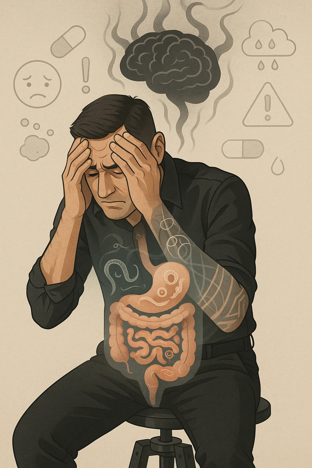a person sits with a troubled expression, holding their head in their hands. A transparent overlay on their body reveals stylized images of parasites in the digestive tract, while faint, shadowy tendrils extend upward toward the brain, symbolizing the psychological impact. The background is clinical and educational, with subtle icons representing both physical and mental symptoms. emoji