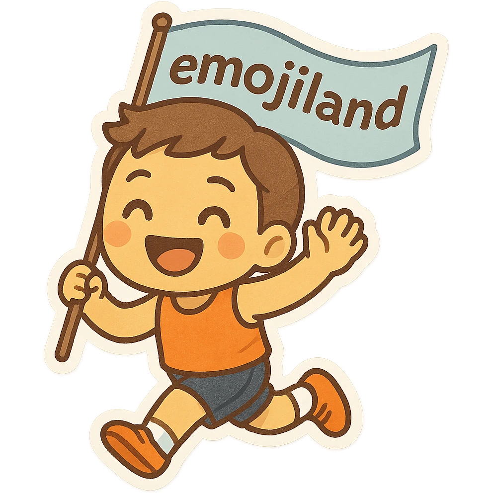 happy runner waving a flag that says 'emojiland' emoji