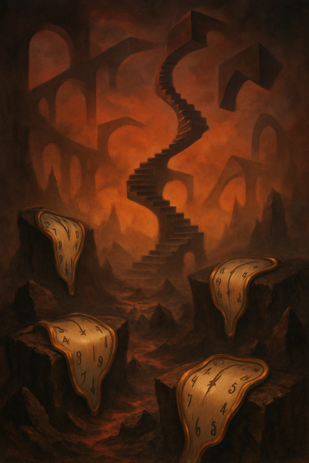 a surreal hell landscape with melting clocks, impossible geometry, dreamlike atmosphere emoji