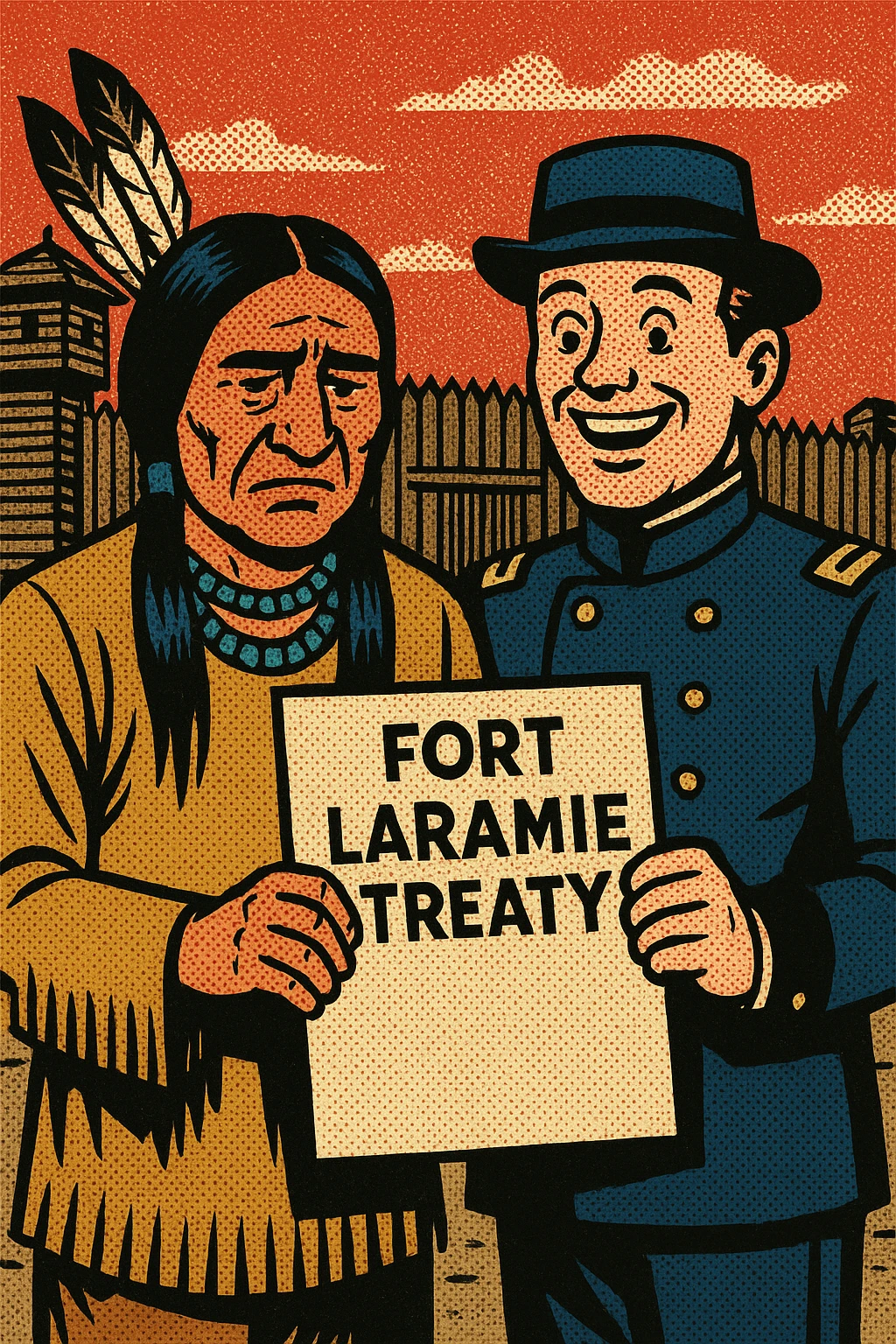 A sad tribal chief from the 1850s standing next to a happy US government official from the 1850s with both holding the same peace of paper titled 'Fort Laramie Treaty'. The background is a wooden military fort from the 1850s American West emoji