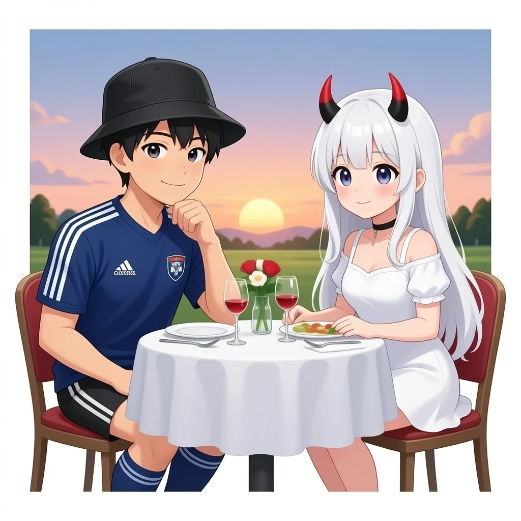 romantic date at a dinner table. The guy is asian an wears a black fishing hat and a dark blue soccer tricot. The girl is dressed as an anime girl with a white wig, white dress and black-red horns emoji