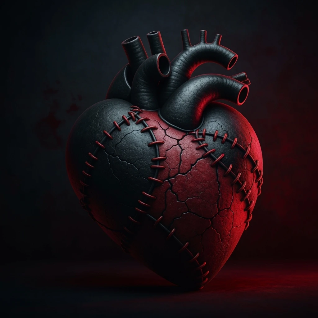 emo heart, black and deep red, stitched, broken or cracked, moody atmosphere emoji