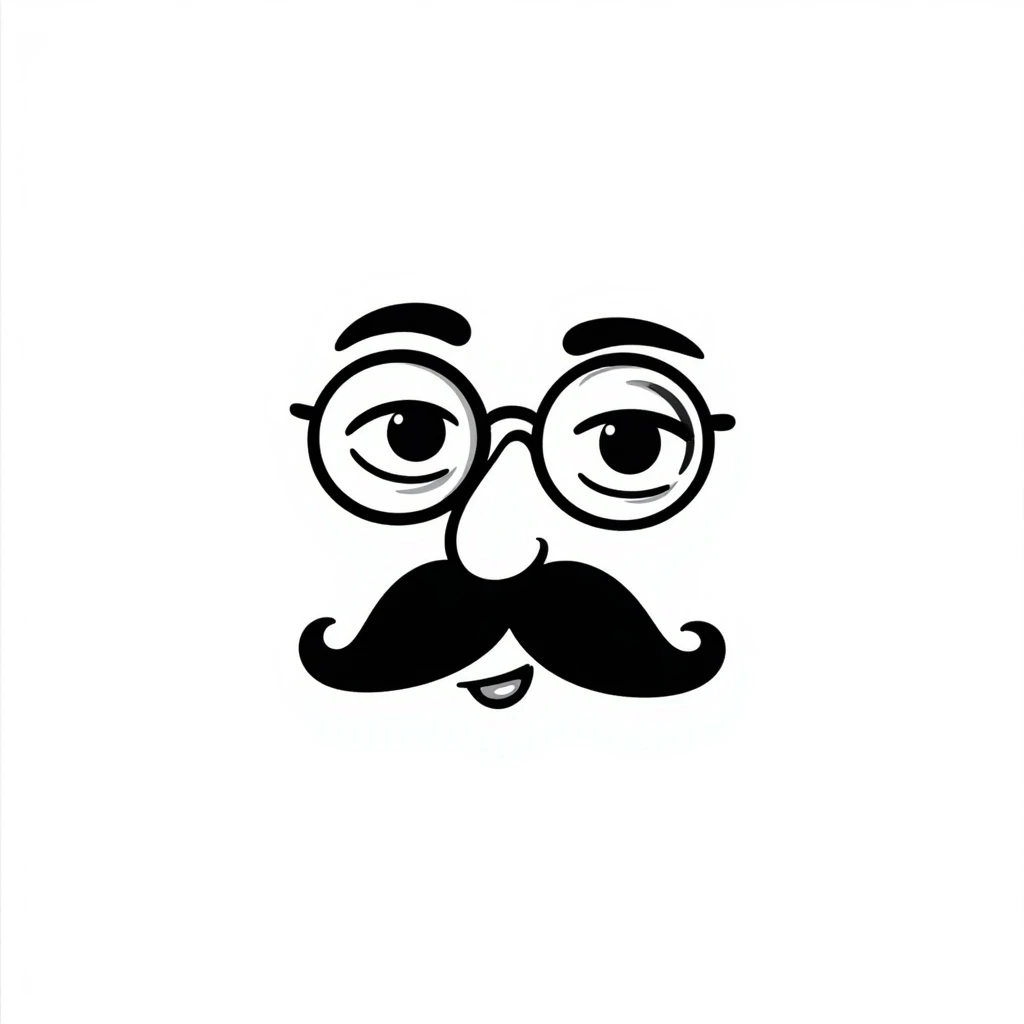 neutral face emoji with a quirky twist, monocle and mustache, hand-drawn doodle style emoji