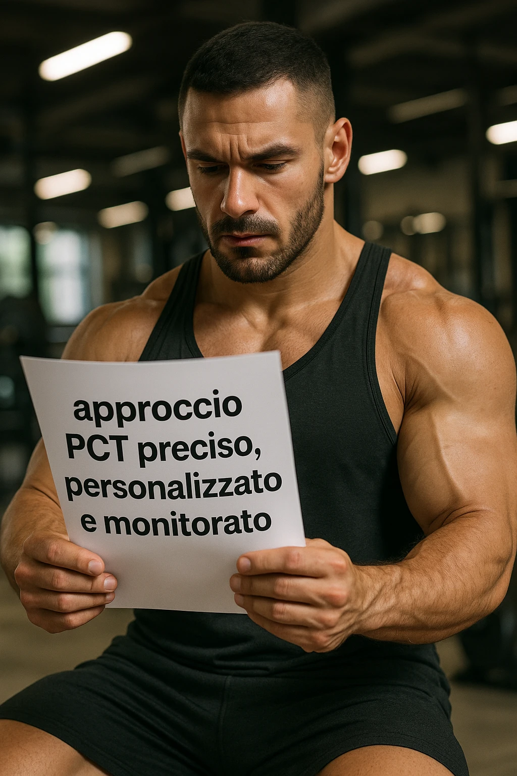 BODYBUILDER CHE LEGGE UN FOGLIO CON LA SCRITTA "approccio PCT preciso, personalizzato
e monitorato" emoji