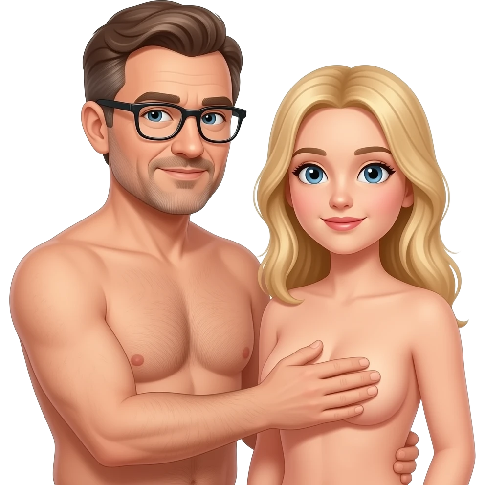 A middle age man with light brown girl is nude  hair combed to the side with black glasses feeling a hot blonde girls breast emoji