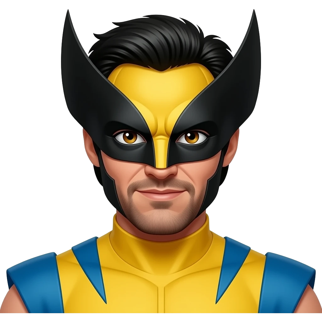 Hugh Jackman as Wolverine with hazel eyes, black hair, yellow and blue outfit emoji
