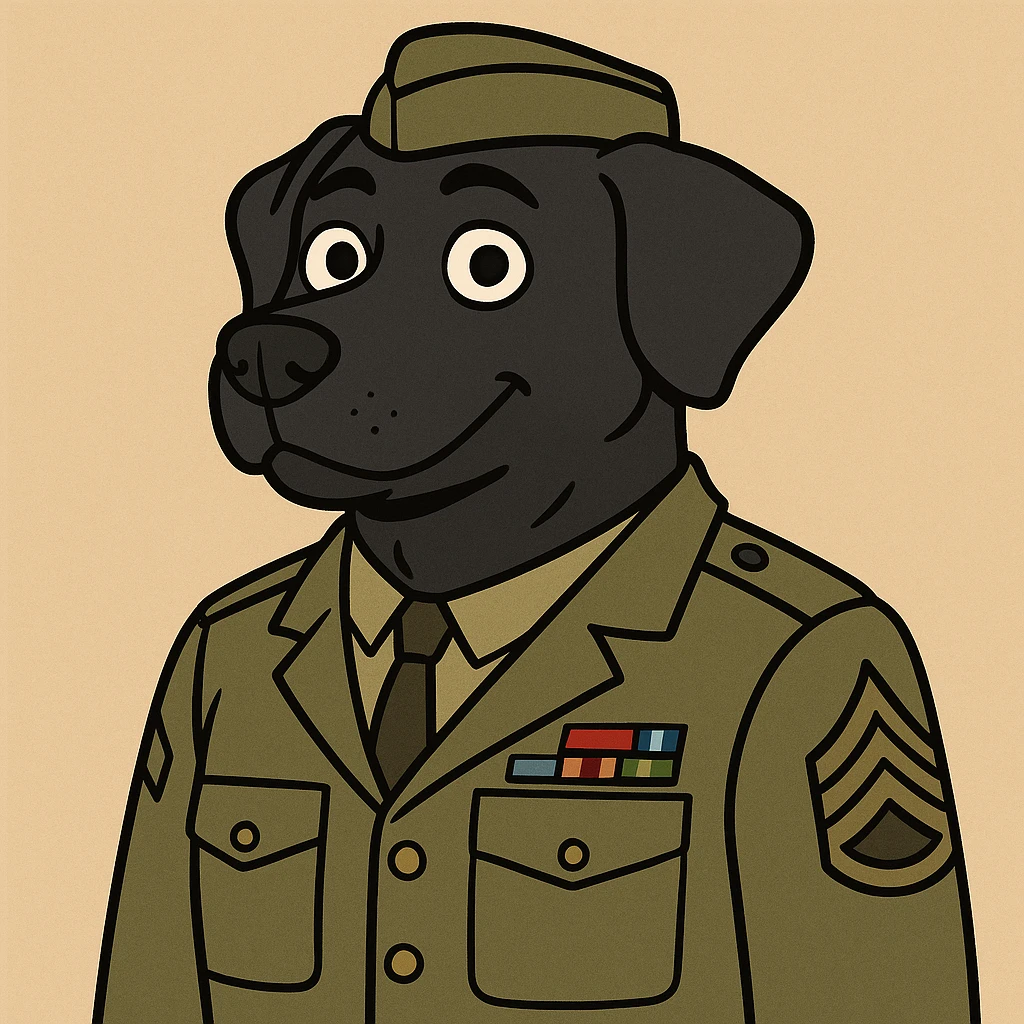 cartoon style black labrador retriever in military uniform emoji