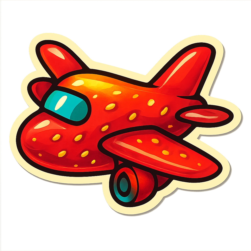retro sticker-style airplane with bold clear outlines, expressive shadows and highlights, juicy slightly three-dimensional look, playful and bright, universal airplane shape, glossy outlined style like lips with strawberry illustration emoji