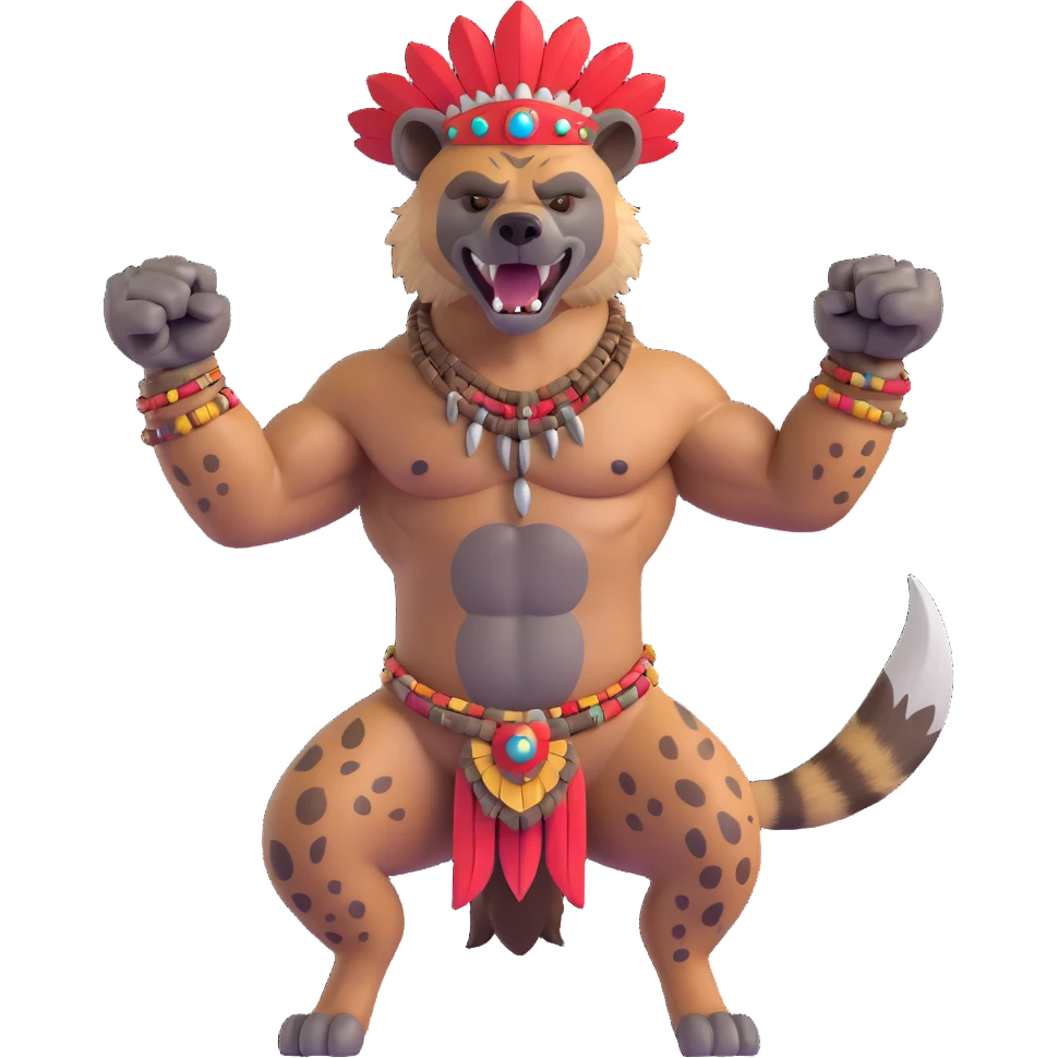 A native strong buff hyena with war bonnet flexing posing  emoji