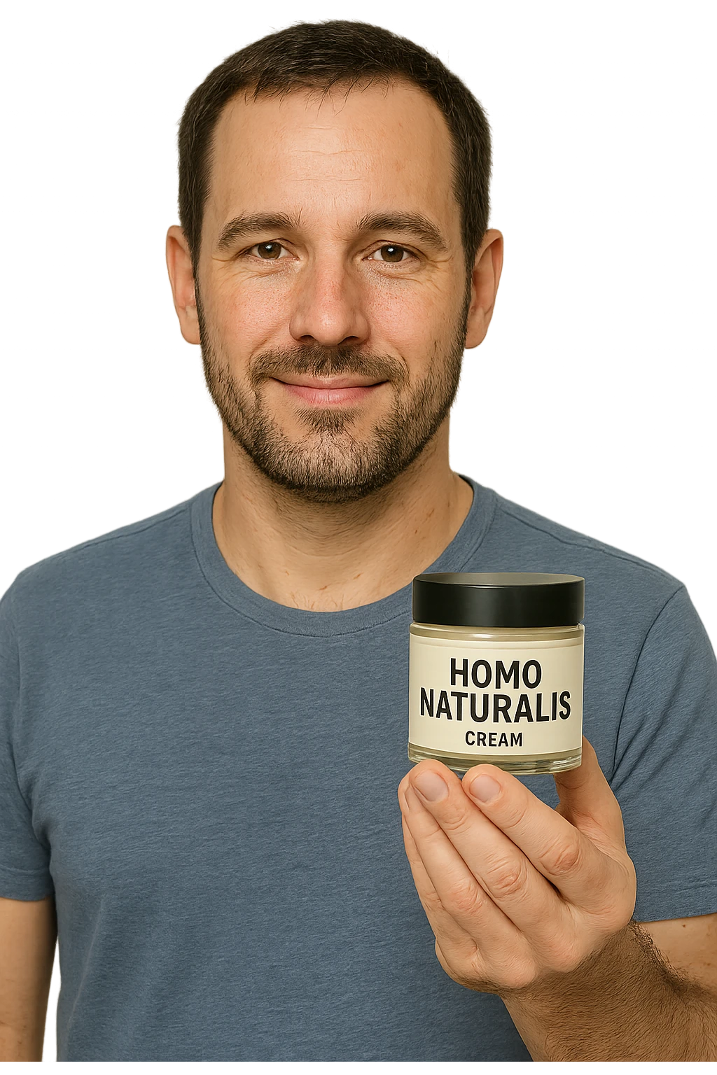 uomo con in mano un prodotto crema di marca "Homo Naturalis" emoji