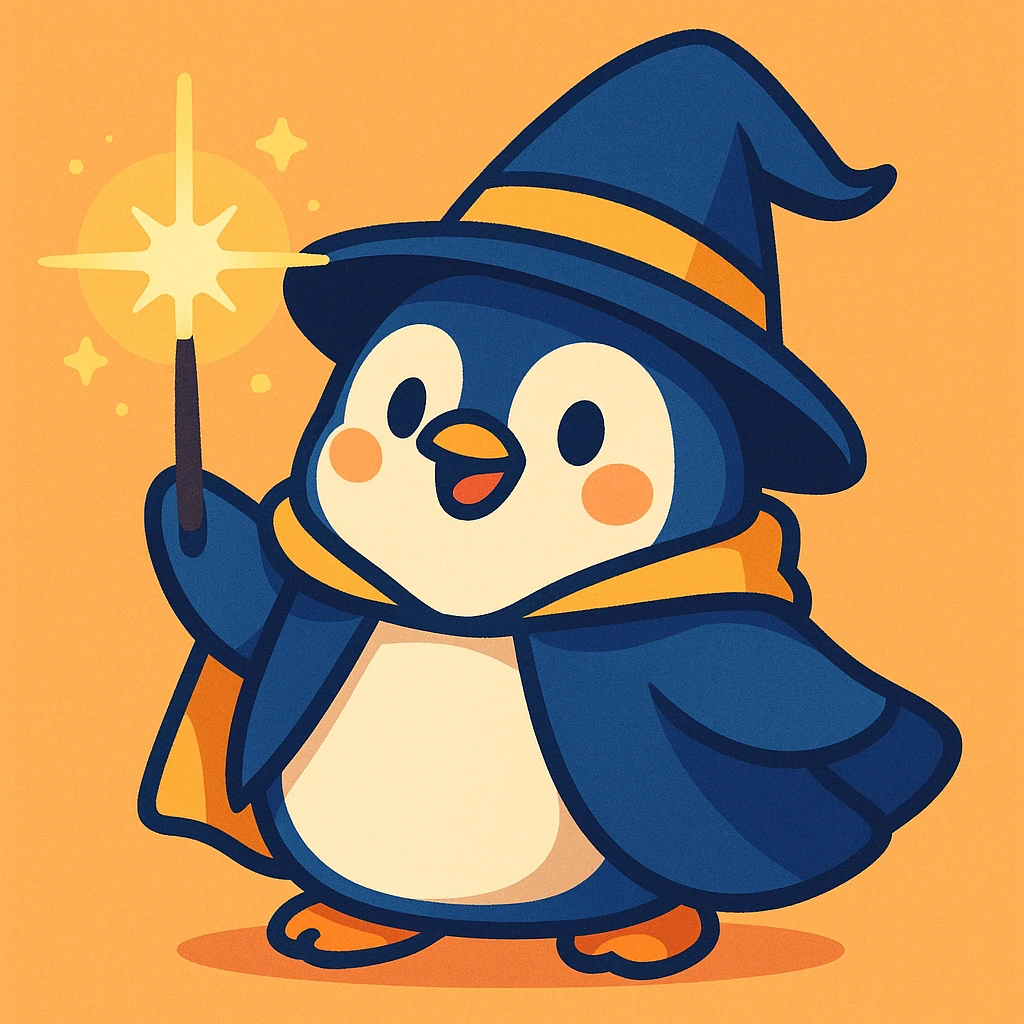 a chubby penguin with a wizard hat and cloak, holding a glowing wand, in a soft, rounded illustration style emoji