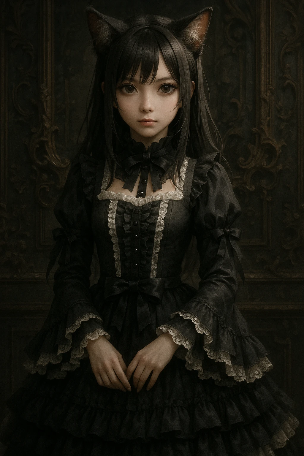 realistic anime catgirl in a gothic lolita dress, ornate background, mysterious vibe emoji