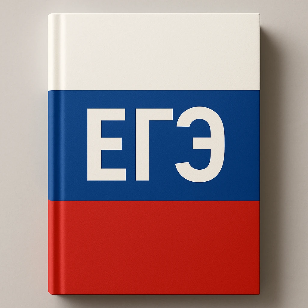 A book with a Russian flag-inspired tricolor (white, blue, red) and the text 'ЕГЭ' in large Cyrillic font on the cover emoji