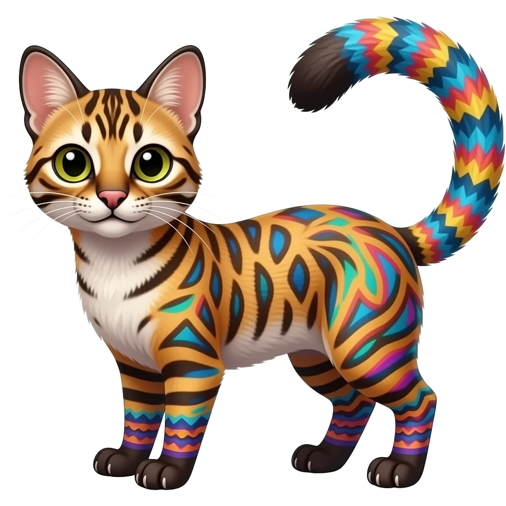 Colorful Tribal-Patterned vernid-Civet-Genet-Bengal-Cat-Bobcat-Caracal-Serval-animal-hybrid-mix fantasy creature LiLaiRa Kamirah Falvie whiskers paws full body gradient stripes tufted tail feline emoji